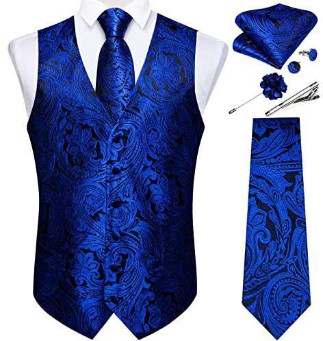 DiBanGu Mens Paisley Waistcoat Tie Set Suit Vest | Dress Vest for Men,Necktie and Pocket Square,Jacquard Woven,V-Neck,2 Real Pockets,6 Buttons,Regular Fit,Tuxedo,Wedding,Party