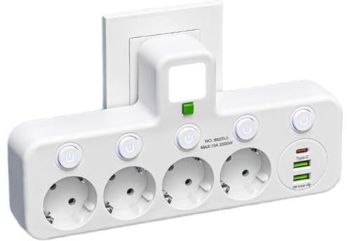 Puthernm Presa Elettrica con Spina UE A 4 Prese Presa Elettrica con Spina UE Prolunga Presa Elettrica con Porte USB di Tipo C