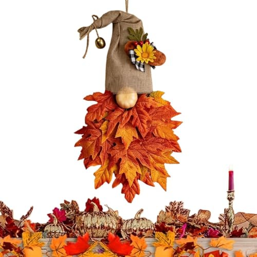 Höstkrans med gnomer och lönnblad konstgjord halloweendekoration | Dekorativ höstkrans för ytterdörren för tacksägelse, öppen spis, festliga helgdagar, fönster, vägg, hem och