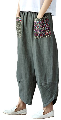 Minibee Women's Baggy Linen Wide Leg Trousers Casual Patchwork Elastic Waist Harem Pants Army Green L
