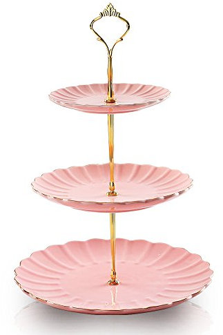Sweejar Home 3-stöckiger Keramik-Kuchenständer, Etagere für Hochzeit, Dessert, Cupcake-Ständer für Teepartys, Essens-Servierer (Rosa)