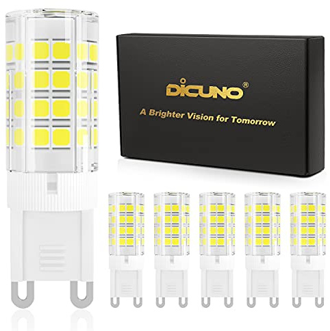 DiCUNO G9 LED Light Bulb 4W, 40W Halogen Replacement, Daylight White 6000K, 450 Lumen, G9 Bi-Pin Ceramic Base Bulb, 120V, Non-dimmable, for Chandelier Lighting, Pendant Light, 6-Pack
