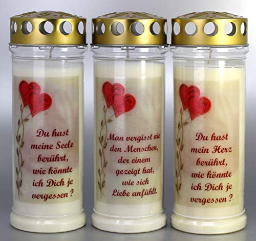 3 Stück Grablichter, Grabkerzen, 3er Set mit Spruch und Motiv Herz, Größe 21x7,5 cm - Brenndauer ca. 7 Tage je Grablicht - 3942 – Elegante Gedenkkerzen, Trauerkerzen mit Spruch.