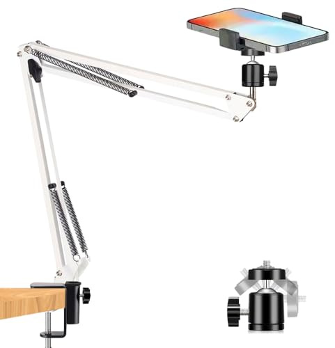 Overhead Tripod Mount for Camera Webcam Ring Light, Flexible Over Head Articulating Arm with Phone Holder and Ball Head, Desktop Suspension Scissor Accessory for Live Streaming,Video Recording(White)