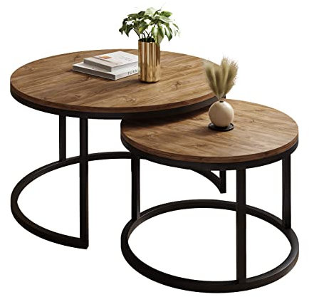 lukmebel Couchtisch rund - CIRI 2in1 - Beistelltisch rund - Kaffetisch - Industrial Deko - Deko Wohnzimmer - Kleiner Beistelltisch - Sofatisch - Kleiner Tisch - Schwarz, Stirling Eiche