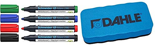 Schneider Maxx 290 Marker (für Whiteboards und Flipcharts, Rundspitze 2-3 mm Strichstärke, rückstandsfrei trocken abwischbar) Etui mit 4 Farben & Dahle Whiteboard Schwamm, blau