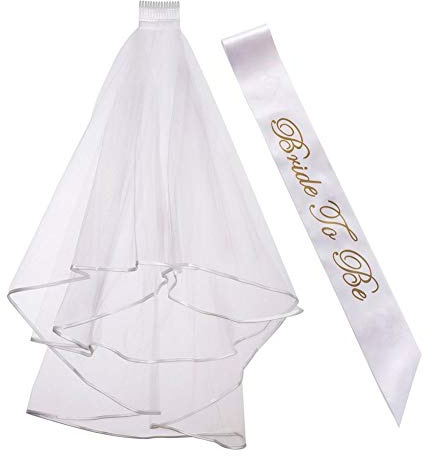 Velo Nupcial y Bride to be Faja Banda,Velo de Novia Blanco con Peine + Oro Bride to be Insignia Liga Banda Hen Do Party Accessories para Decoración Fiesta de Noche de Ducha
