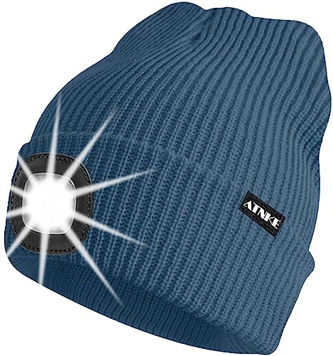 ATNKE Unisex LED-mössa med ljus, uppladdningsbar USB 4 LED-upplyst löparmössa, extremt ljus lampa, vinter, varm stickad mössa för män och kvinnor, presenter, Skuggblå, En Storlek