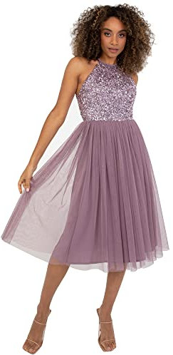 Maya Deluxe Damen Maya Deluxe Women's Midi Dress With Halter Neck Tulle for Evening Graduation Prom Wedding Bridesmaid Brautjungfernkleid, Moody Lilac, 36 EU