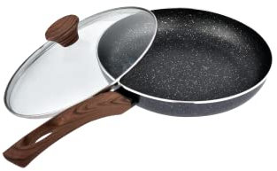 Ignite Cookware 28cm Marble Coated Non Stick Fry Pan with Glass Lid - Frying and Omelette Pan for Induction Hob