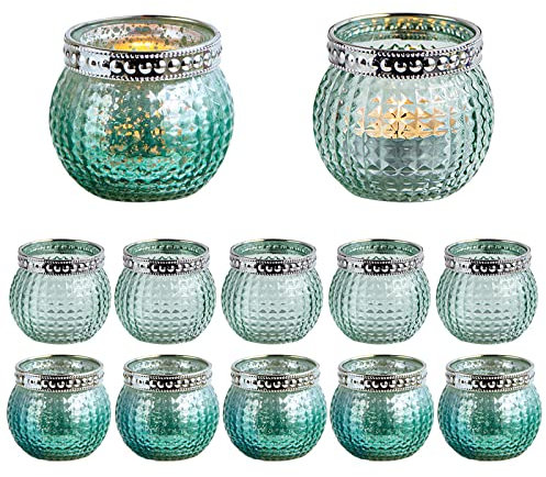 MJ PREMIER Teelichtgläser (12 STK),Windlicht Glas Set Votivkerzenhalter aus Vintage Teelichthalter Rund Windlicht Tischdeko Wohnzimmer Geschenk,Aromatherapie, Hochzeit, Party Deko Grün 5,9x6,6cm