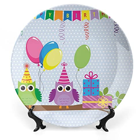 LIGUTARS Decorative Plates, Birthday Decor Print Ornament, Cartoon Owls at a Party with Flags Boxes Polka, 10 Inch, 1 Plate with 1 Display Stand, Baby Blue