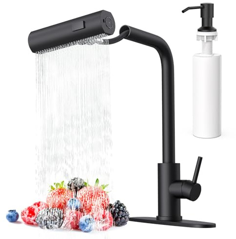 AVSIILE Matte Black Waterfall Kitchen Faucets with Pull Down Sprayer & Soap Dispenser, Single Hole & Handle, Pull Out Tap, Stainless Steel Sink Faucet, Suitable for Farmhouse Camper Laundry Rv Bar