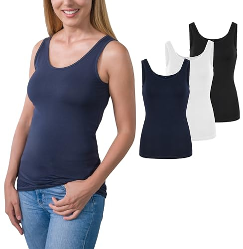 HRM Lot de 3 débardeurs Femme | Top Basique Femme en Coton 95% avec Une Part de Lycra | Extensible et Ajustable | Débardeur avec col en U
