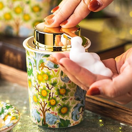 Dispensador de jabón espumoso de cerámica vintage para baño y cocina, dispensador de bomba de espuma recargable con bomba dorada