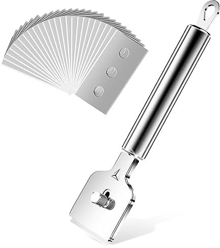 Flintronic Rascador, Rasqueta Acero inoxidable para Multiusos, Incluye 16 Cuchillas de Repuesto para Rascar Etiquetas, Adhesivos, Calcomanías, Sellos o Pintura en Vidrio