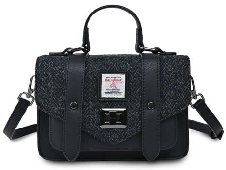 Islander Harris Tweed Mini Satchel, Handtasche für Damen, Klappe und Mikrofaser-Leder, Schwarzes Fischgrätenmuster, Mini