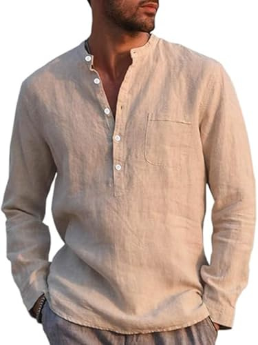 Runcati Camicia da uomo in lino, a maniche lunghe, in cotone, per il tempo libero, vestibilità normale, da spiaggia, Kaki, XL