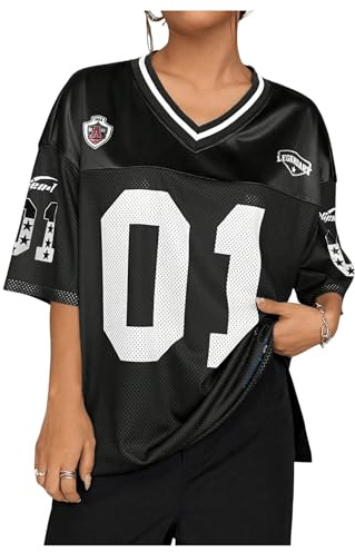 GORGLITTER Women's Letter Graphic Loose Jersey Oversized T Shirts V Neck Half Sleeve Mesh Streetwear Tops Black Medium