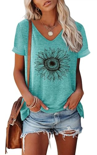 NAIOSS T-shirt för kvinnor, kortärmade tryckta toppar, sommartoppar, V-ringade skjortor, bomull, ledig, tunika, blus,