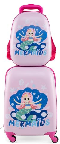 GYMAX 2Pc Kids Luggage Set, 12 & 16 Children Hand Trolley Case with 4 Spinner Wheels, Carry On Suitcase for Boys Girls Travel School (Light Pink)