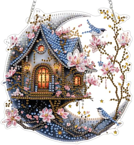 MEIYUDA 5D Diamond Painting Anhänger Erwachsene Kinder Haus auf dem Mond, Sonnenfänger Fensterbilder DIY Set Lichtfanger, Malerei Kristall Diamond Painting Set Erwachsene für Home Wand Décor
