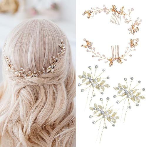 XFSRG 4 Pezzi Accessorio per Capelli da Sposa Pettini per Capelli da Sposa e Forcine a U con Strass Perla Nuziale Decorativo Cerchietto Festa di Nozze per Donne e Ragazze (Oro)