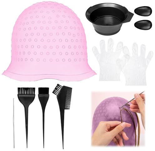 Hair Highlight Cap Set, Wiederverwendbare Silikon-Haarkappe für Strähnchen, Komplettes Set mit Pinsel und 2 Handschuhen, Einfache Anwendung für DIY Strähnchen Zuhause oder im Salon