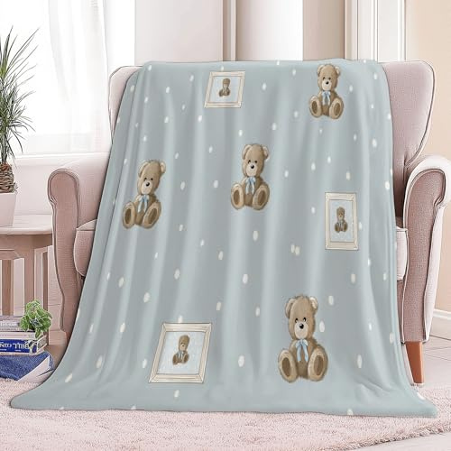 Gris Manta de Franela Ultra Suave 100 x 130 cm Osito De Peluche con Estampado Minimalista, Manta de Franela Elegante, Calidez para Todas Las Estaciones – Ideal para Sofá Cama o Viajes