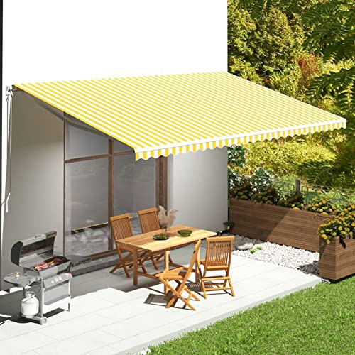 Toldo retráctil para patio, 6 x 3,5 m, tela amarilla y blanca, para balcones y terrazas, cobertura completa con diseño de brazo extensible, solución de sombra para exteriores