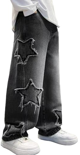 Happy Cherry Jeans Baggy Bambini Pantaloni Larghi Vita Elastica Ragazzi Pantaloni in Denim Vintage Moda Streetwear Nero con Tasche 8-9 Anni