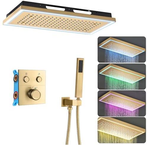 WRKMH Columna Ducha Termostatica, Ducha Empotrada Techo LED de 64 Colores Conjunto Ducha Empotrado Grifo Ducha Empotrado Oro Cepillado Columna de Ducha con 400 * 200mm Cabezal de Ducha