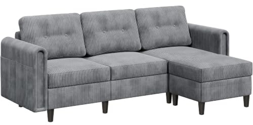 Yaheetech Corduroy Reversible 3-Seater L-Shaped Sectional Sofa, Light Grey | Reversible Chaise Lounge, with Ottoman & Side Pockets, Corduroy Upholstery, Ideal for Small Spaces, Living Room & Home Office