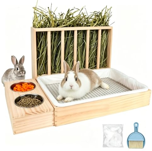 Ratelier Foin Lapin,3-en-1 Conception,2 Gamelles,Litière d'Entraînement pour Lapins,Cochons d'Inde,Chinchillas Et Petits Animaux,Nettoyage Rapide,Grande Capacité,Empêche Le Gaspillage
