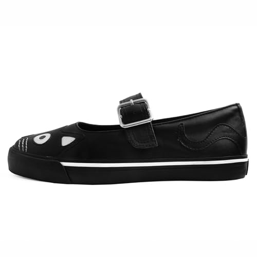 T.U.K. Mary Jane Kitty Sneaker - Vegan Leather - Kitty Character - Buckle Strap - Women's Mary Jane Shoe - Colour Black - Size UK 5