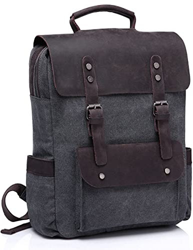 VASCHY Backpack Mens, 15.6inch Laptop Backpack for Women 20L Genuine Leather Water Resistant Canvas Rucksack Vintage School Bag Work Backpack with Anti-theft Back Pocket for Travel College(Grey)