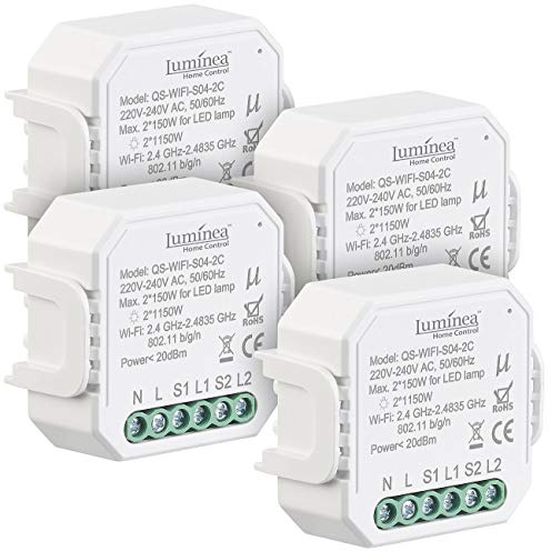 Luminea Home Control Smart-WiFi-Switch Alexa: 4er-Set WLAN-Unterputz-2-Kanal-Lichtschalter mit App & Sprachsteuerung (Smart-Schalter Alexa, Funkschalter Modul)