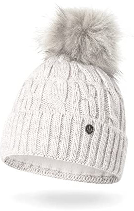 HEYO Damen Wintermütze mit Fleece Innenband H18527 | Slouch Beanie Winter Mütze | Warme Strickmütze mit Bommel | Bommelmütze (Ecru)