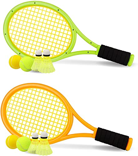 Nileatry Kid Tennis Racket with Bag,Plastic Racquet Include 2 Foam Ball,2 Tennis Ball,4 Badminton for Children,Toddler Outdoor/Indoor Sport Play (Orange&Green)
