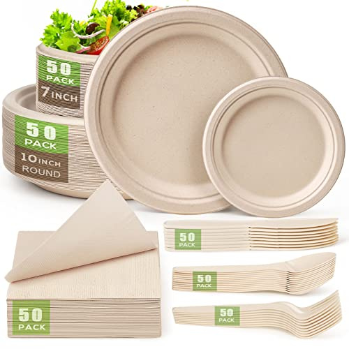 Gezond Compostable Paper Plates Set 300 PCS Disposable Plates 10 Inch
