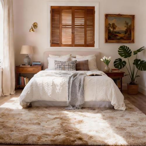 MARATIP Alfombra Salón Pelo Largo Lavable Antideslizante Esponjosa para Habitación, Dormitorio o Cama (Caqui, 120 x 160 cm)