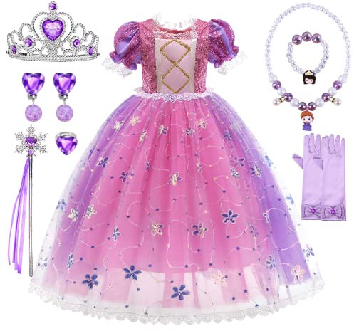 HOUSTAR Deguisement Princesse Fille, Raiponce Robe Princesse Fille avec Couronne Princesse Ensemble, Rapunzel Robe Princesse Carnaval Enfant, Sofia Costume Princesse pour Anniversaire Cosplay (120)