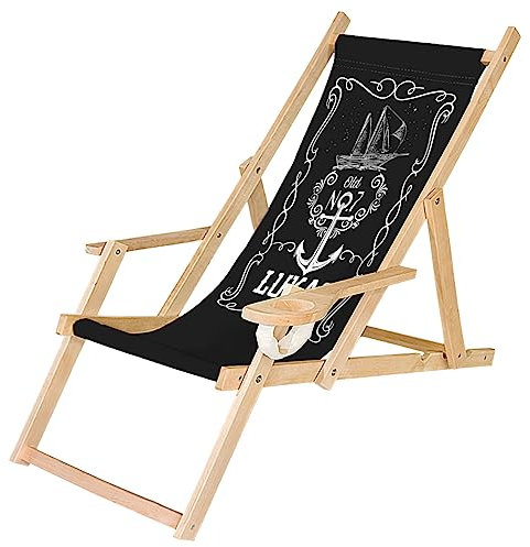 Ferocity Personalisierbarer Holz-Liegestuhl Klappbar Klappliegestuhl mit Armlehne und Getränkehalter Strandstuhl Motiv Anker [119]