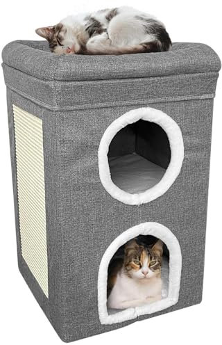 GEEZY 2 Tier Cat House with Integrated Scratching Pad - Collapsible Double Cat Bed with Detachable Cushions - Large Cat Beds for Indoor Cats