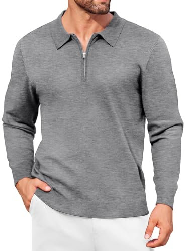 COOFANDY Herren Pullover Polo Kragen Pullover Leichte Winter Strickpullover mit Reißverschluss Grau XL