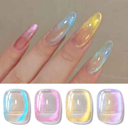 BORN PRETTY Magnetic Gel Nail Polish Shimmer Pearl Aurora Blue Tears Effect Jelly Pink Purple Yellow Galaxy Cat Magnet Eyes U V Gel for Nail Art Manicure Salon DIY at Home 4 Colors