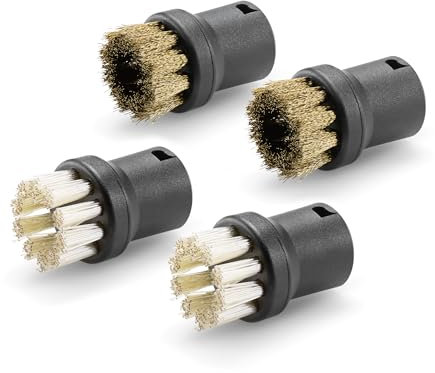 Kärcher Powerbürstenset mit 4 Rundbürstenaufsätzen für hartnäckigen Schmutz, für Küche und Haushalt, mit 2 Messingbürsten und 2 Powerbürsten, Originalzubehör für die Kärcher Dampfreiniger