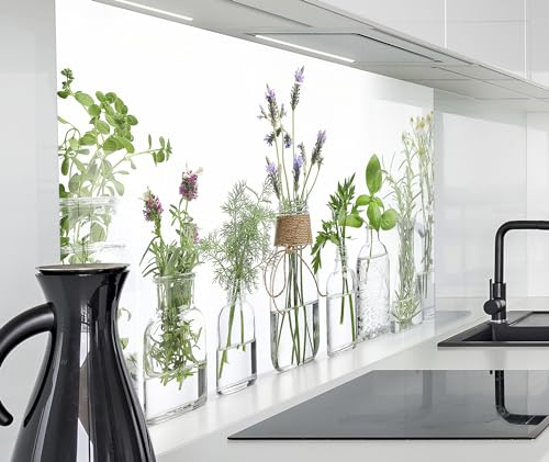 timalo Herd Spritzschutz Wand Spüle, Küche Küchenrückwand Glasoptik | Acryl Glas 2mm | Glasrückwand Acrylglas Küchenpaneele Rückwandschutz Platte | 120x60cm Kräuter Küchenkräuter in Gläsern; Gewürze