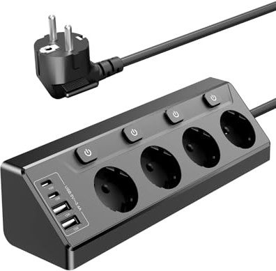 Vipwell Prise Plan de Travail Cuisine, Multiprises avec 2 Ports USB A et 2 Ports USB C, Multiprise 4 Prises avec Interrupteur, Rallonge Électrique 2m pour Meuble, Canapé, Bureau, Table
