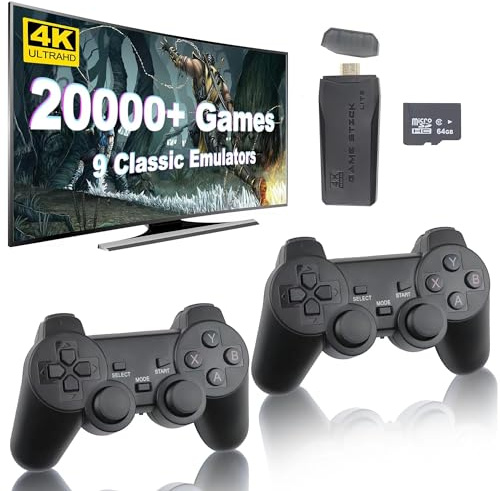 Console di gioco senza fili retrò con tasti per videogioco plug and play, HD Classic Game Stick 64G, 9 emulatori integrati e oltre 20.000 giochi e due controller wireless da 2,4 GHz. Uscita HDMI f